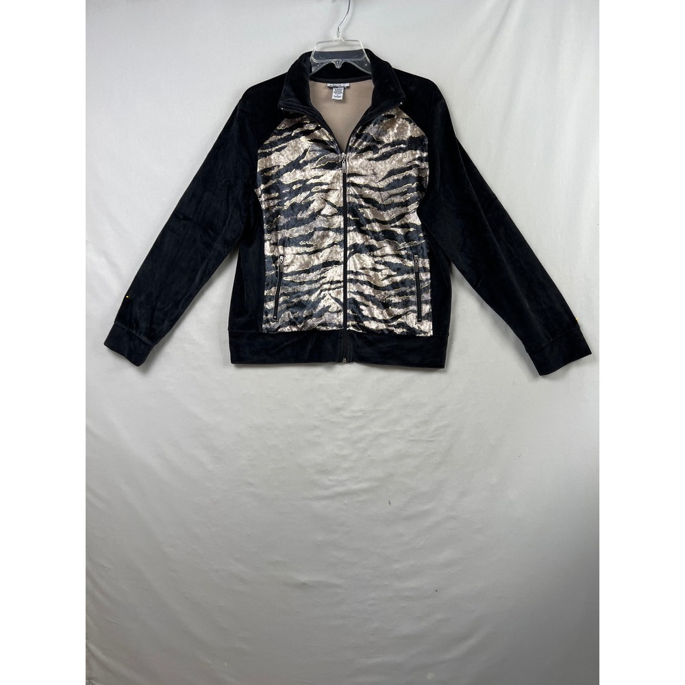 Mirror Image Track Jacket Women L Black Gold Metallic Tiger Stripe Velour Zip